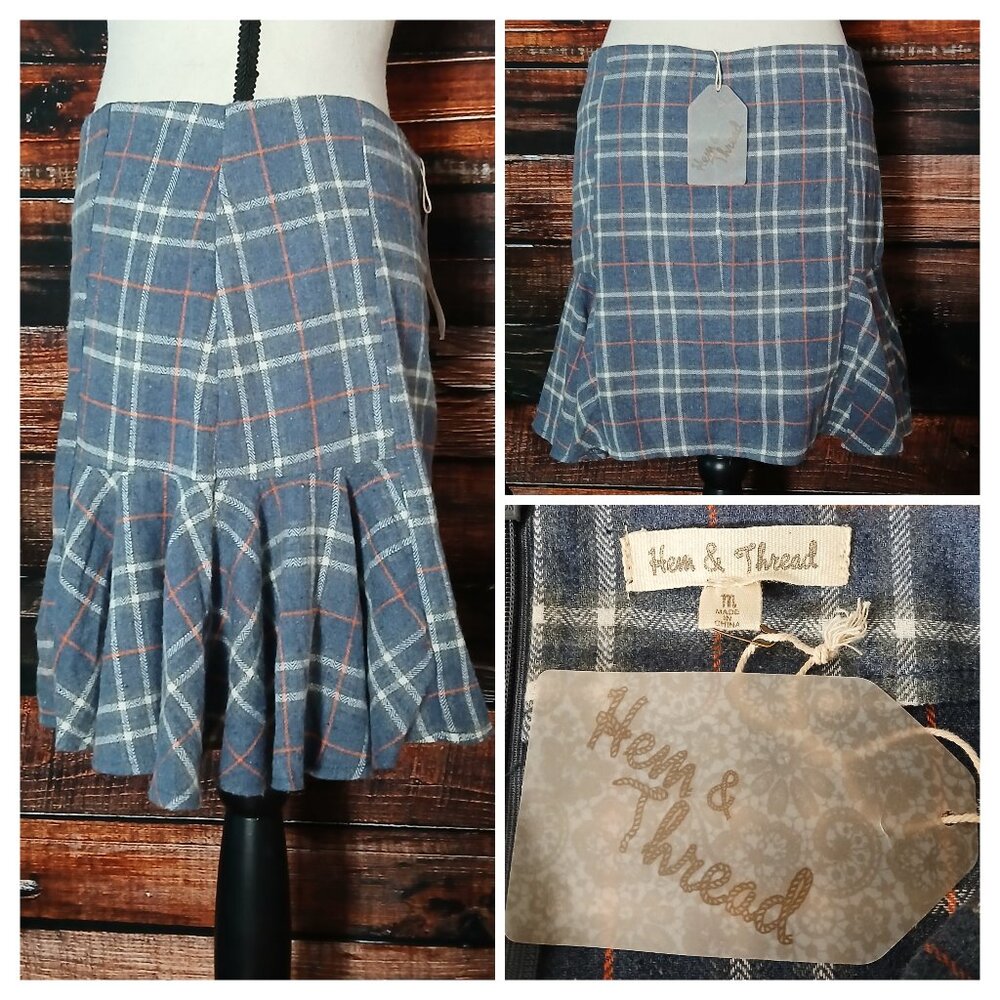 NWT Hem & Thread Mini Skirt M Pleated Blue Plaid Flared Cotton Flannel